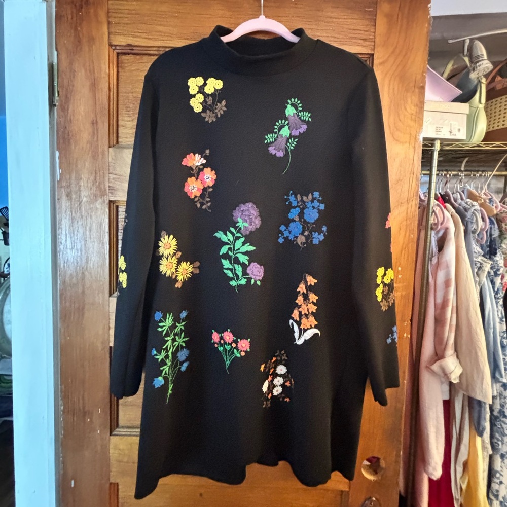 Zara Black long sleeve dress with embroidered flowers